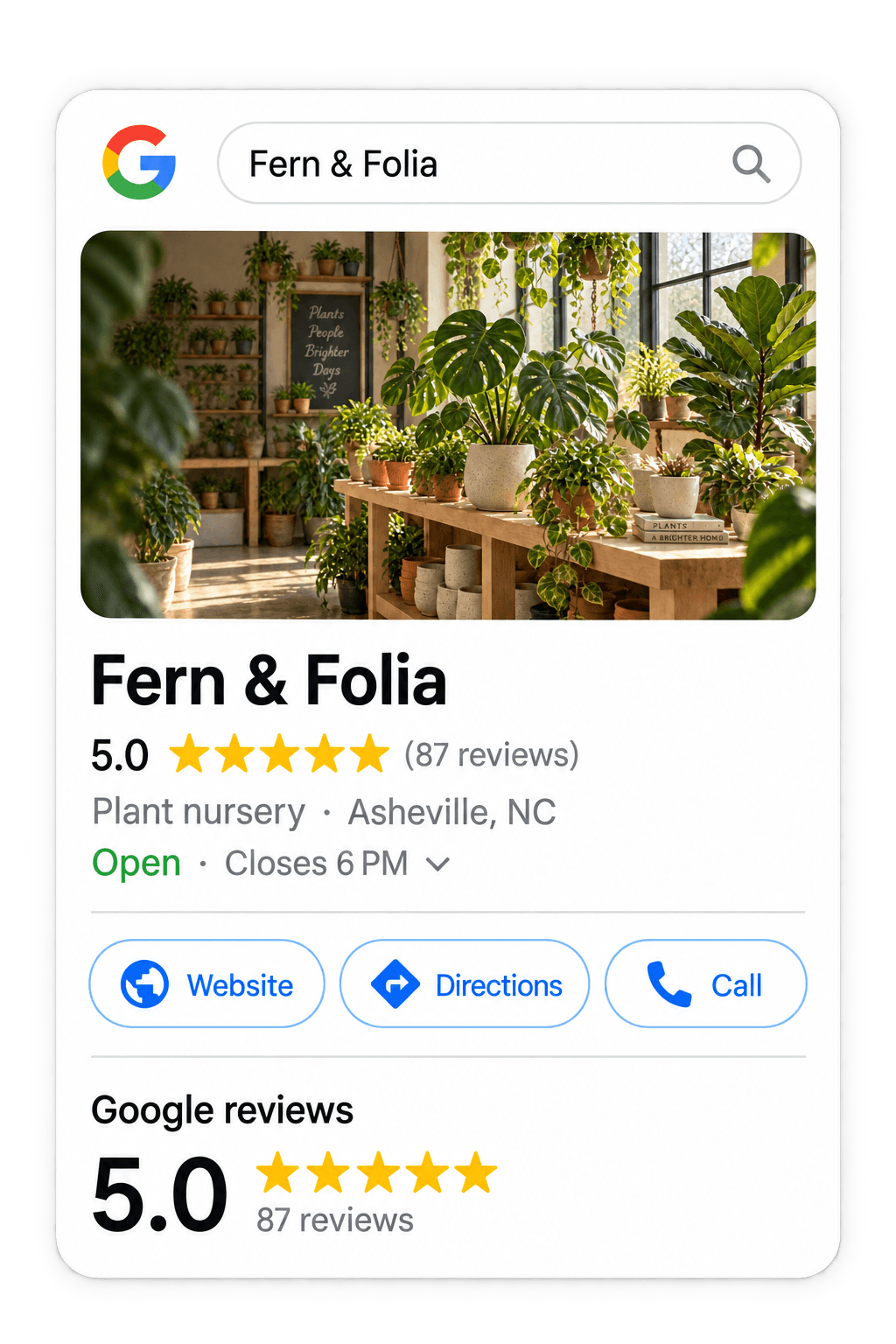 Matching Fern & Folia Google-style business profile concept with five stars and 87 reviews.