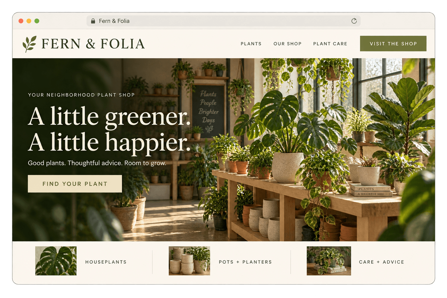 Fern & Folia plant shop website concept with a sunlit botanical hero.