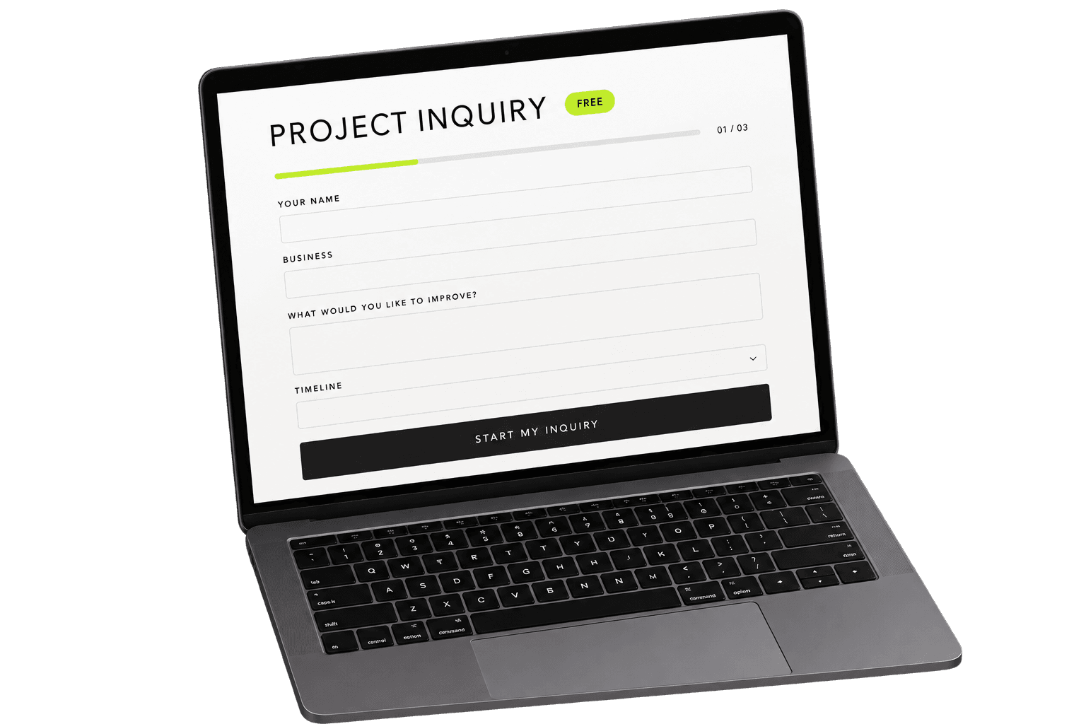 A laptop displaying the free Logan J Studios project inquiry questionnaire.