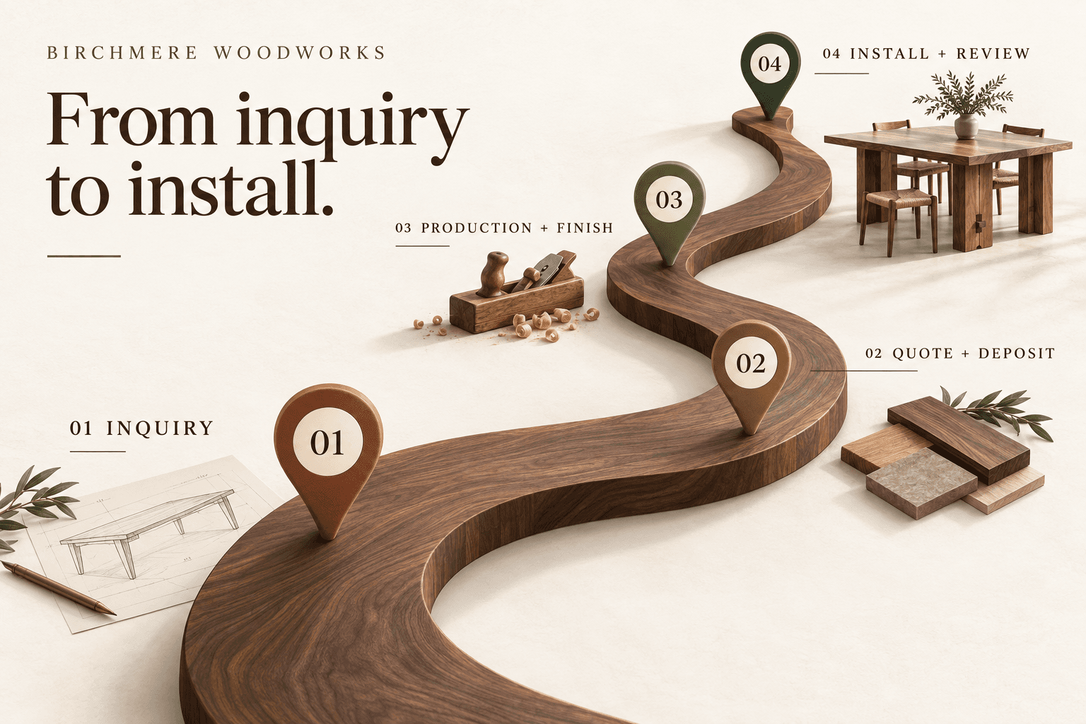Birchmere Woodworks walnut roadmap with four milestones: inquiry, quote and deposit, production and finish, and install and review.