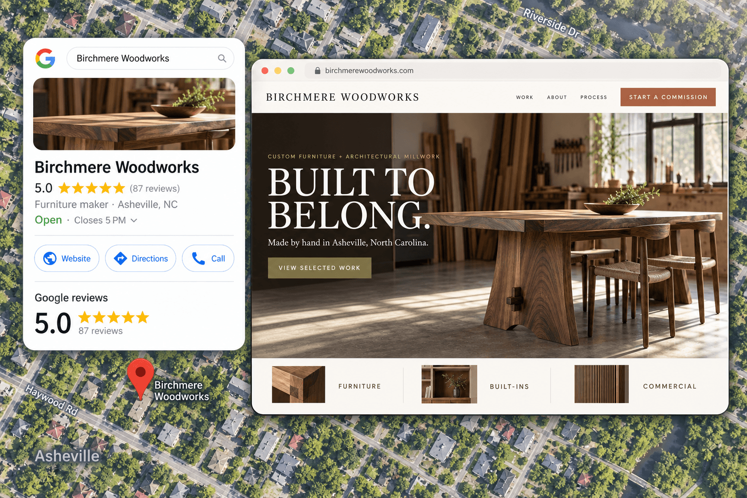 Concept preview of a Birchmere Woodworks website beside a Google-style business profile showing five stars and 87 reviews, with a red pin on a neighborhood map.